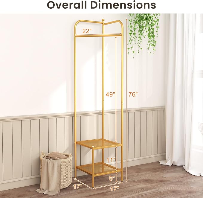 Tangkula Corner Coat Rack with Storage, Simple Hall Tree with Hanging Rod & 2 Mesh Shelves, Anti-toppling Devices, Freestanding Metal Clothes Rack Shoes Shelf Organizer for Entryway Bedroom (Golden)