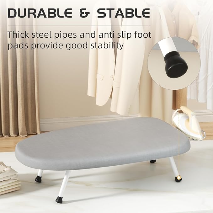 Mini Ironing Board Tabletop Ironing Board Compact Foldable Iron Board Thick Steel Tube with Heat Resistant Covers, Iron Rest for Dorms, Apartment and Travel (Grey)