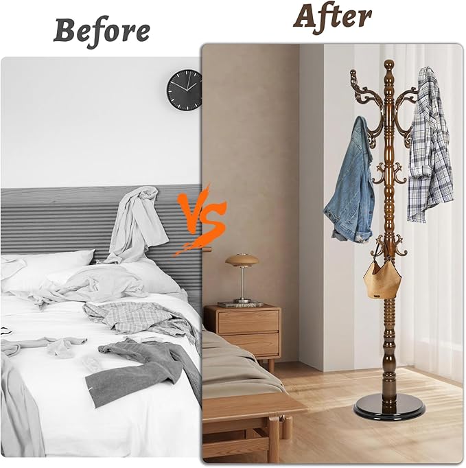 Wooden Coat Rack Freestanding with Resin Hooks, Adjustable Heavy Duty Stand for Hanging Coats, Bags, Hats, and Umbrellas in Living Room, Bedroom, Entryway (Walnut Color)