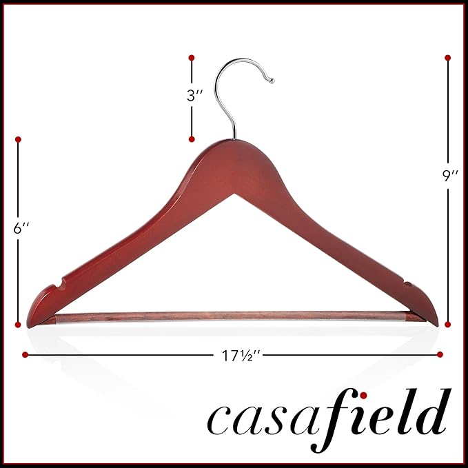 Casafield - 20 Cherry Wooden Suit Hangers - Premium Lotus Wood with Notches & Chrome Swivel Hook for Dress Clothes, Coats, Jackets, Pants, Shirts, Skirts