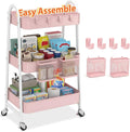 Sekey 3 Tier Rolling Cart, Hanging Cups, Hooks, Heavy Duty Mesh Rolling Storage Cart Organizer with 2 Lockable Wheels for Bathroom, Kitchen, Office, Craft, Makeup, Baby Essentials, Pink
