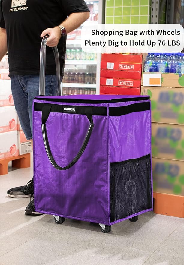 (Medium,Purple) Reusable Grocery Bag on Wheels, 70L Foldable Rolling Tote, Carries Up to 66 lbs Shopping Trolley, Zipper Clouser Shopping Carts for Trips, Laundry, 4 Heavy Duty Wheels and 3 Handles