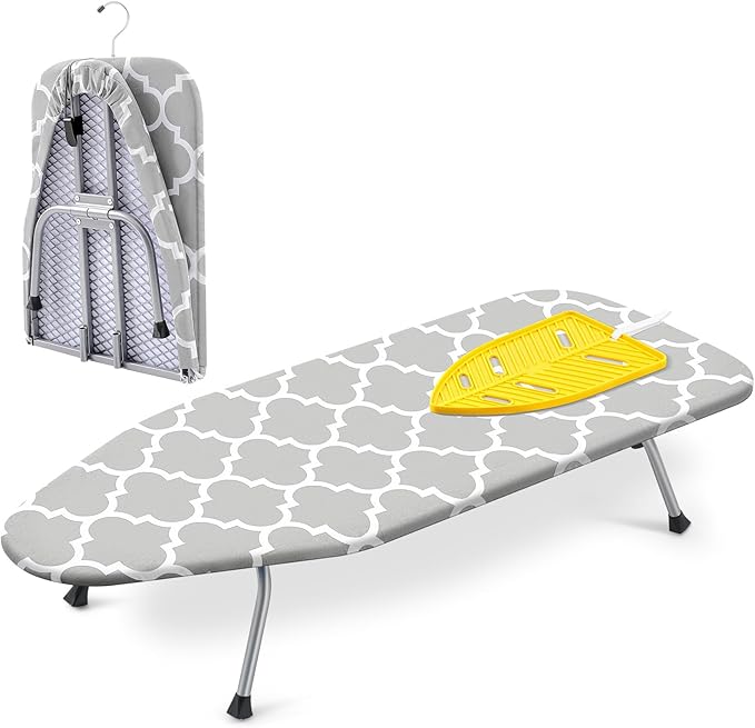 Chunful Portable Tabletop Ironing Board, Foldable Small Compact Ironing Board with Mat & Hook for Hanging Travel Mini Iron Non Slip Feet Table Storage for Dorm Space, 32 x 12 in(Fresh,Light Gray)
