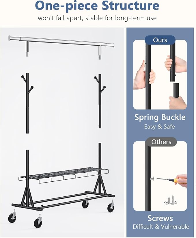 Hoctieon 1-Minute Assembly Clothes Rack, 480 lbs Heavy Duty Rolling Clothing Racks with Wheels, Foldable Garment Rack, Extendable Hanging Bar, Adjustable Metal Pole with Hooks, Black