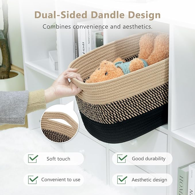 Cotton Rope Storage Basket, 15x10x9 Inches, Woven Basket for Shelves, Clothes, Towels, Books, and Laundry, Gradient Black/Brown (2 Pack)