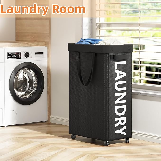 2 Pack Laundry Basket with Wheels, 90L Rolling Laundry Hamper with Wheels, Large Clothes Hamper on Wheel with Removable Mesh Bag for Bedroom, Dorm, Black