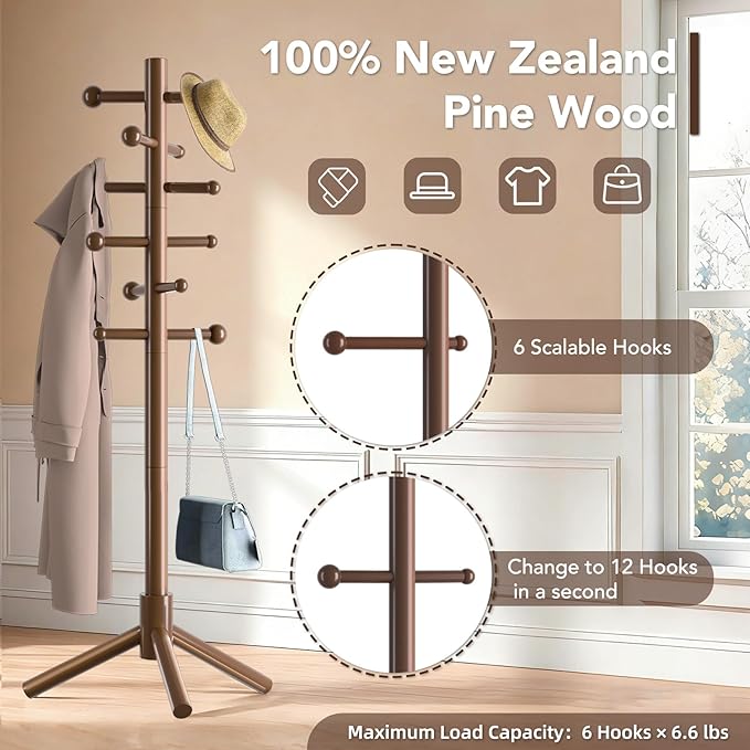 Wooden Coat Rack Freestanding with 12 Hooks 3 Adjustable Heights，Standing Coat Rack Tree for Hat and Coat Rack for Small Spaces Entryway,Office,Bedroom,Brown