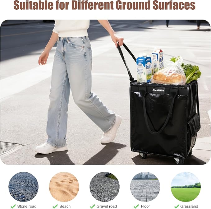 (Medium,Black) Reusable Grocery Bag on Wheels, Foldable Rolling Tote Bag with 3 Handles and Zipper, Storage Organizer for Clothes & Groceries, Rolling Shopping Cart for Trips, 76lb