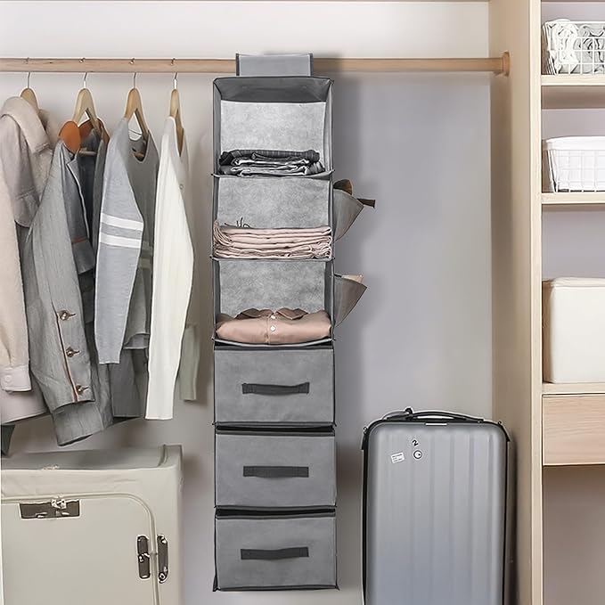 6-Shelf Hanging Closet Organizer, Hanging Storage Shelves with 3 Removable Drawers, Wardrobe Clothes Organizer, Cloth Hanging Shelves, Poucher Foldable for Closet Bedroom Home (1PCS 6-Shelf)