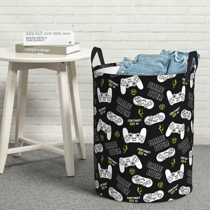 Game Controllers Pattern Round Laundry Hamper Gaming Joysticks Gamepad Storage Basket Toys Clothes Organizer Bin For Home Bathroom Bedroom Dorm Nursery, 62l