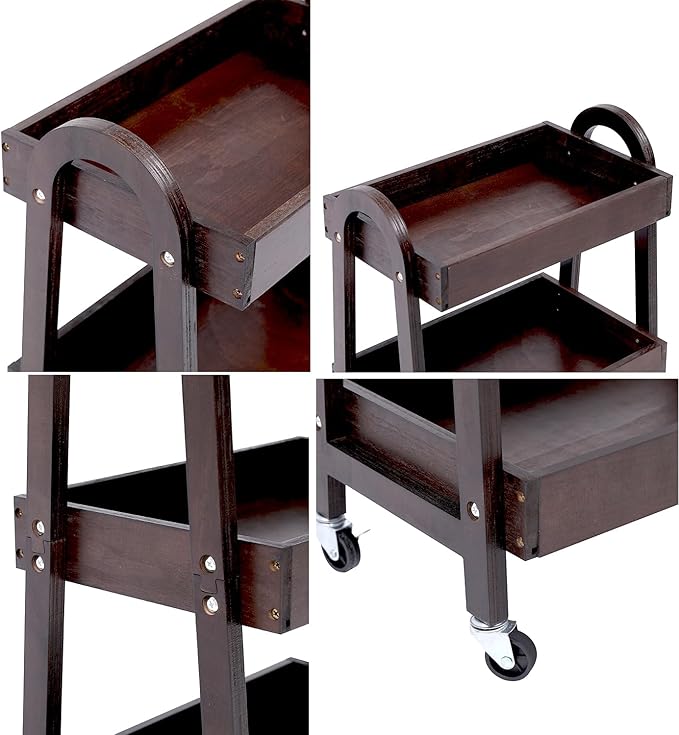 3-Tier Wooden Rolling Cart- Wooden Utility Cart wit Wheels- Utility Rolling Cart-Storage Trolley Organizer- Rolling Kitchen Cart Serving Cart for Office,Kitchen, Kids' Room (Walnut Color)