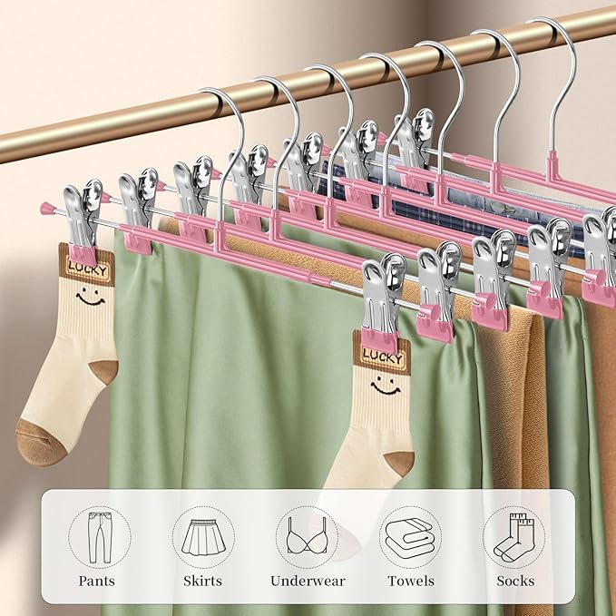 Pants Hangers with Clips 10 Pack Adjustable Skirt Hangers for Women Non-Slip Trousers Hanger for Jeans Clothes Hangers for Pants Heavy Duty Space Saving Shorts Hangers,Pink,12Inch
