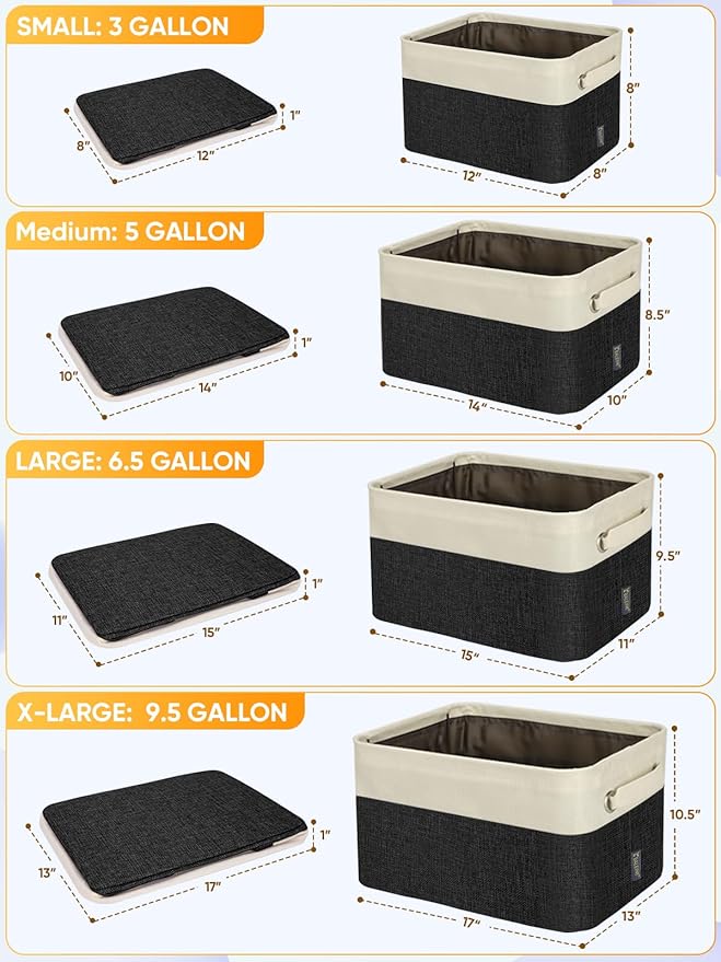 BALEINE 2 Pack Fabric Storage Bins for Shelves, Linen Storage Baskets for Organizing, Decorative Closet Bins for Clothes, Home (Black, 12"x8"x8")