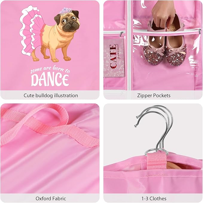 Univivi Dance Garment Bags for Dancers, 3" Gusseted Garment Bags for Dance Costumes with 5 Pockets, 40" Dance Garment Bag with Puppy Pattern for Dance Competitions and Travel, 3-Pack (Pink)