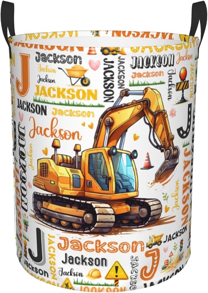Personalized Excavator Laundry Basket For Baby Kids Boys Girls Adult Custom Hamper Basket With Name For Bathroom Bedrooms Collapsible Baby Laundry Basket, Dirty Clothes Hamper With Handles