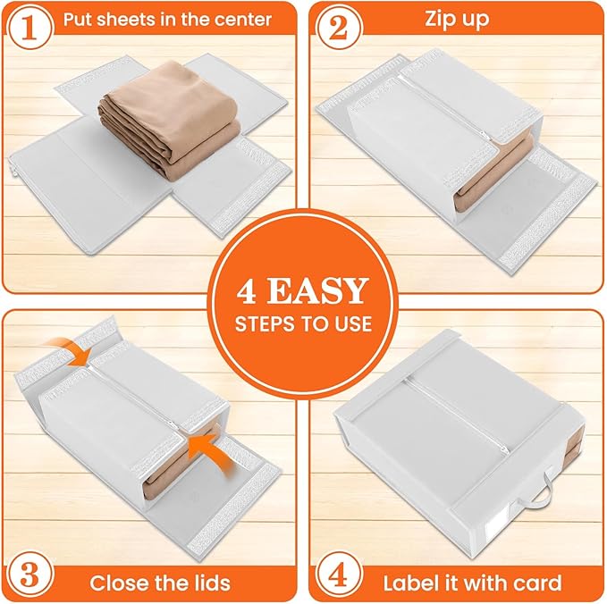 WOWBOX Sheet Organizers and Storage,Closet Bed Sheet Organizer Under Bed Storage and Organization with Label Cards & Clear Window for Bedding Sheets,Duvet Covers,Blankets (8 Pack，White)