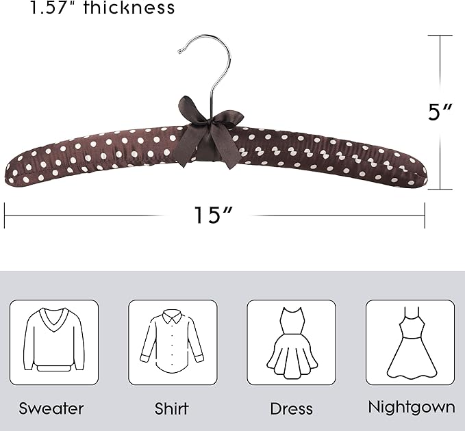 Women's Satin Padded Hangers - 15" Foam-Filled Wooden Clothes Hangers with No Shoulder Bumps, Bow Accent, for Sweaters, Blouses, Dresses – 5 Pack (Coffee Polka Dot)