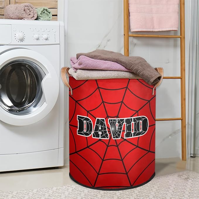 Spider Wed Personalized-Laundry-Hamper-Basket for Kids Custom Name Collapsible Storage Organizer Bin Dirty Clothes Toys Hamper for Boys Nursery in Laundry, Bedroom, Bathroom Gray
