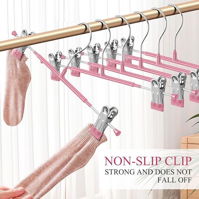 50PACK Pants Hangers with Clips Adjustable Skirt Hangers for Women Metal Non-Slip Trousers Hanger Heavy Duty Space Saving Clothes Hanger for Shorts,Jeans,12Inch,Pink