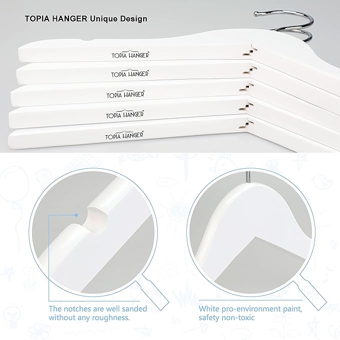 TOPIA HANGER Kids Wooden Hangers 20 Pack, Wood Baby Children Hangers Clothes Dress Shirt Hangers 360° Stronger Flexible Hook- Extra Smoothly Cut Notches, White, CT09W20