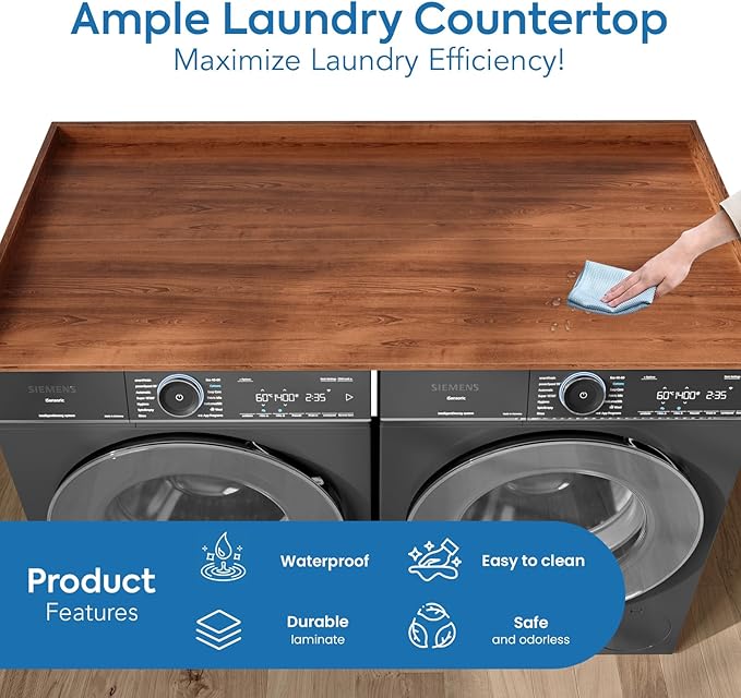 Washer and Dryer Countertop 54" x 27.5" with Heat-Resistant Ironing Mat, Laundry Room Folding Table for Front Load Machines, Non-Slip Pads Included, Scratch-Proof Laundry Topper, Walnut