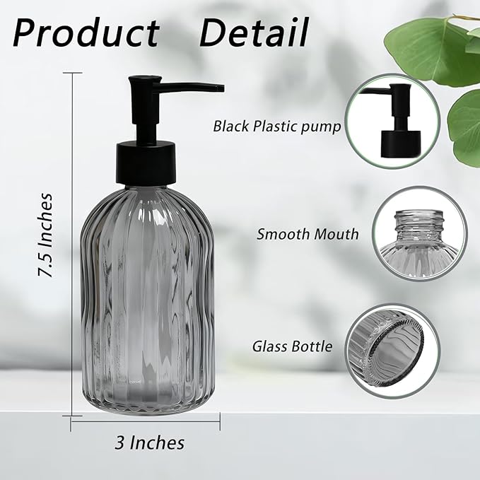 Gray Glass Soap Dispenser Set with Black Pump, 13.5oz Refillable Liquid Hand Soap Dispenser for Liquid, Shower Gel, Bathroom, Kitchen, Vanity Countertop, Laundry Room & Home Decor (2 Pack)