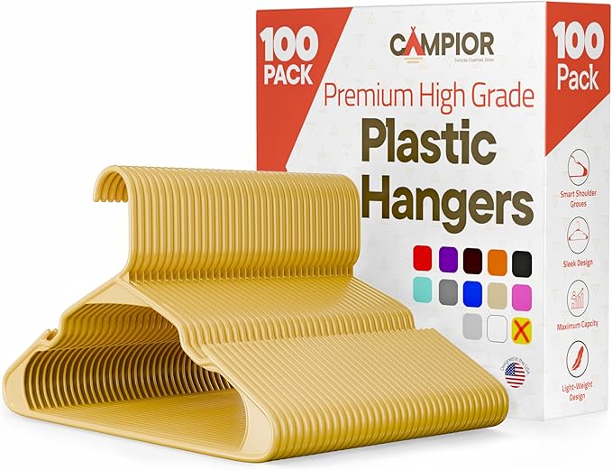 Plastic Clothes Hangers – Heavy Duty Hanger Set, for Organizing Clothes, Dresses, and Coat, Holds Up to 5 lbs, Space-Saving Hangers with Non-Slip Shoulder Grooves, Pack of 100, Yellow