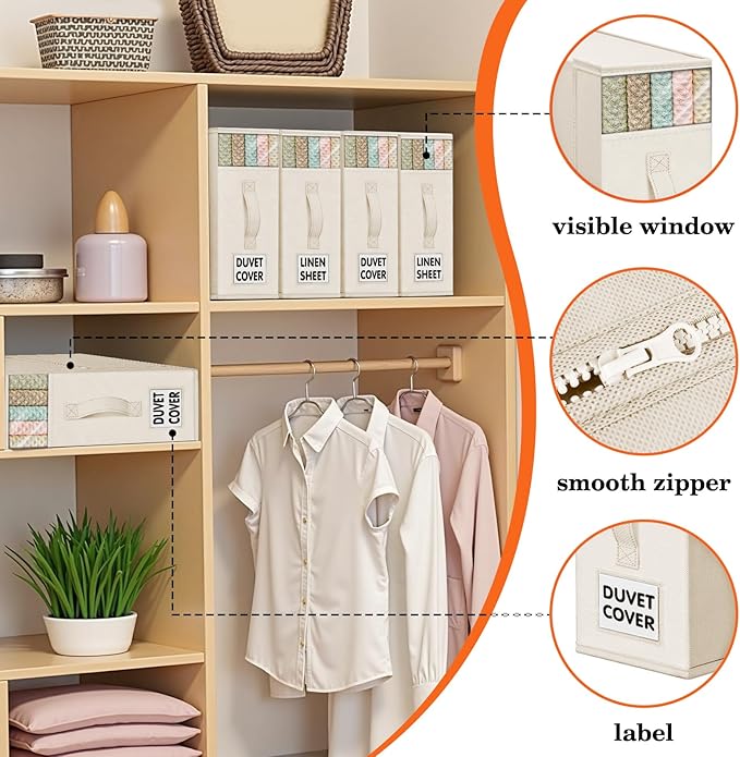 WOWBOX Sheet Organizers and Storage,Closet Bed Sheet Organizer Under Bed Storage and Organization with Label Cards & Clear Window for Bedding Sheets,Duvet Covers,Blankets (3 Pack，Beige)