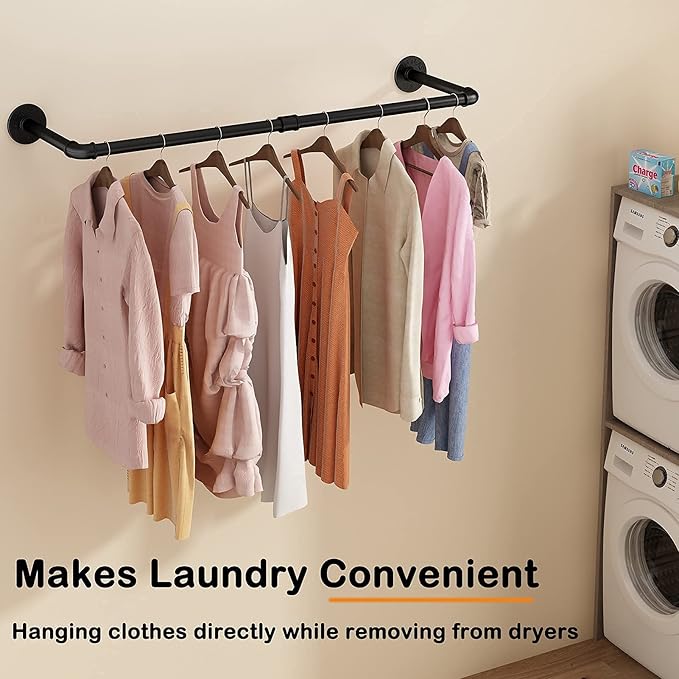 Wall Mounted Clothes Rack 38.4in, Industrial Pipe Wall Mount Clothing Rack, Heavy Duty Iron Garment Racks, Space Saver Multi-purpose Hanging Rod for Laundry Room, Closet Storage, 2 Packs