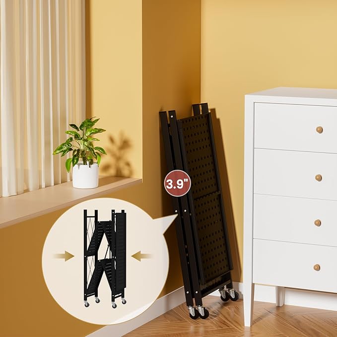 ALANNG Heavy Duty 3-Tier Folding Shelf with Wheels, No Tools Assembly Metal Storage Rack Cart for Kitchen, Pantry, Laundry Room, Garage, Black