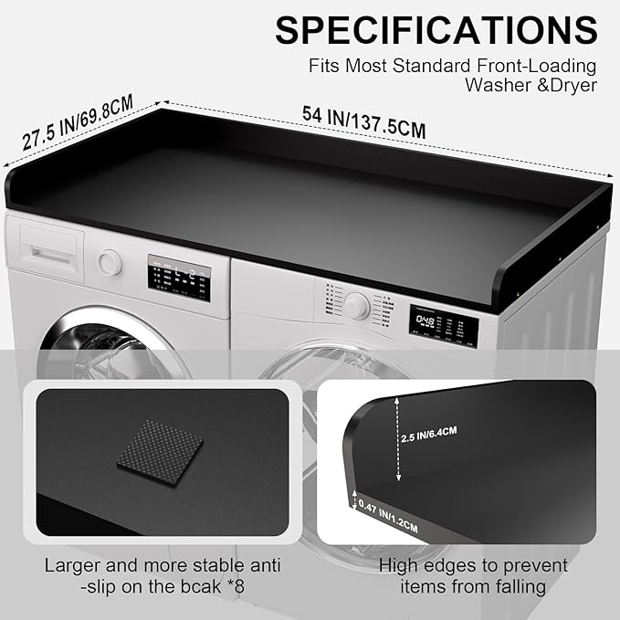 Washer Dryer Countertop, 27.5 x 54 Inch Washer and Dryer Countertop for Laundry Room Organization with Edge Wooden, Black