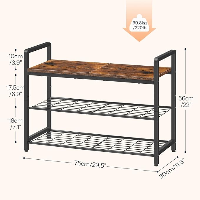 HOOBRO Shoe Bench, 3-Tier Shoe Rack Entryway Bench, 29.5" L Shoe Storage Bench with Metal Handles, Industrial Shoe Organizer for Hallway, Space Saving, Mesh Shelves, Rustic Brown and Black BF32HX01