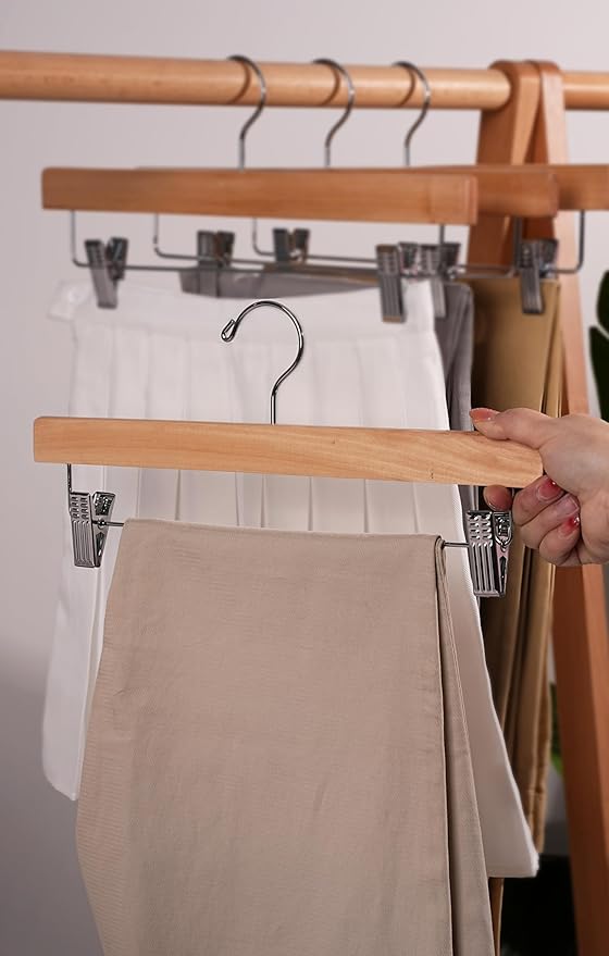 Wooden Pants Hangers, Solid Wood Bottom Jeans Skirt Hanger with 2-Adjustable Clips Anti Rust Hook Pack of 10 (Natural)-HL01NP