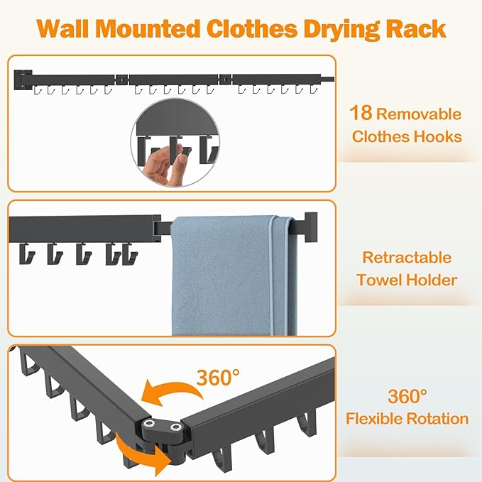 Foldable Clothes Drying Rack, 2 Fold Laundry Drying Rack Wall Mount, [No Drilling] Folding & Durable Space Saver for Laundry, Balcony, Bathroom, Patio, Dormitory, Apartment-White