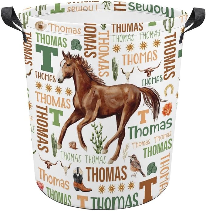 Horse Laundry Basket,Custom Laundry Hamper with Name,Personalized Horse Gifts for Boys Girls,Customize Collapsible Laundry Basket for Bedroom Bathroom,M-19.5"X 15.7"