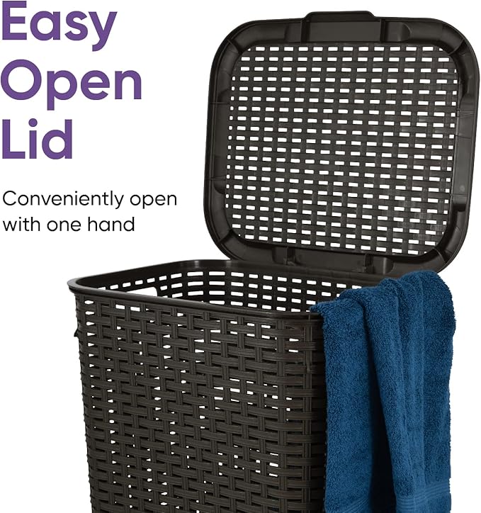 Laundry Hamper Basket With Lid 60 Liter - Deluxe Wicker Style Brown Color - 1.70 Bushel Bin With Cutout Handles To Storage Dirty Cloths in Washroom Bathroom, Or Bedroom. By Superio