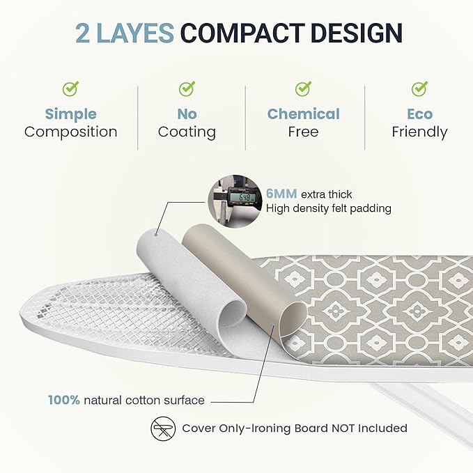 Ironing Board Cover and Pad 18"x54" Extra Thick Natural Cotton Scorch & Stain Resistant Iron Board Cover Extra large Iron Board Cover with Fasteners Heavy Duty Heatproof Elastic Edge Geometric