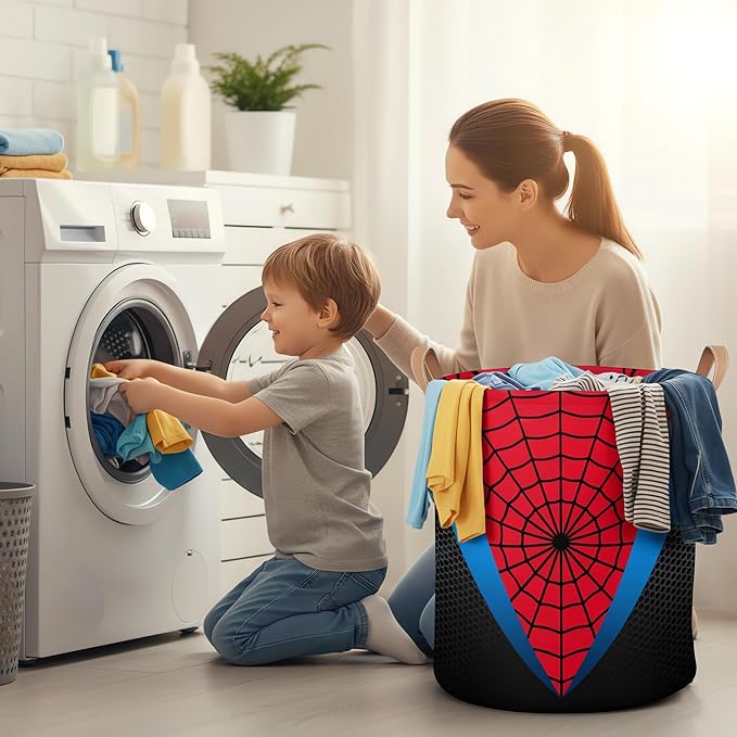 Large Laundry Basket Hamper - Red Blue Spider Web 62L Collapsible Storage Bin for Blankets,Kids Toys, Dirty Clothes, Tall Baby Nursery Hamper for Bathroom, Boys Bedroom Decor,Gift Basket