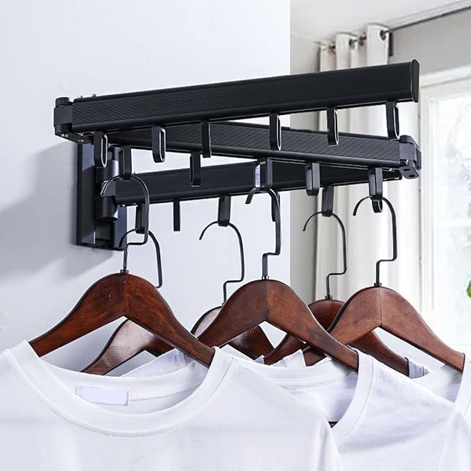 Wall Mount Clothes Drying Rack With Hooks, Retractable Stainless Steel Coat Hanger Rack, Collapsible Clothing Rack, Folding Clothes Hanging Rack for Laundry Balcony Mudroom Bedroom(Black)