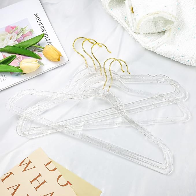 Weysat 20 Pcs Clear Acrylic Hangers Plastic Gold Glitter Coat Hanger Non Slip Space Saving Suit Heavy Duty Clothes Hanging with Non Slip Notches for Coats Pants Dress Clothes