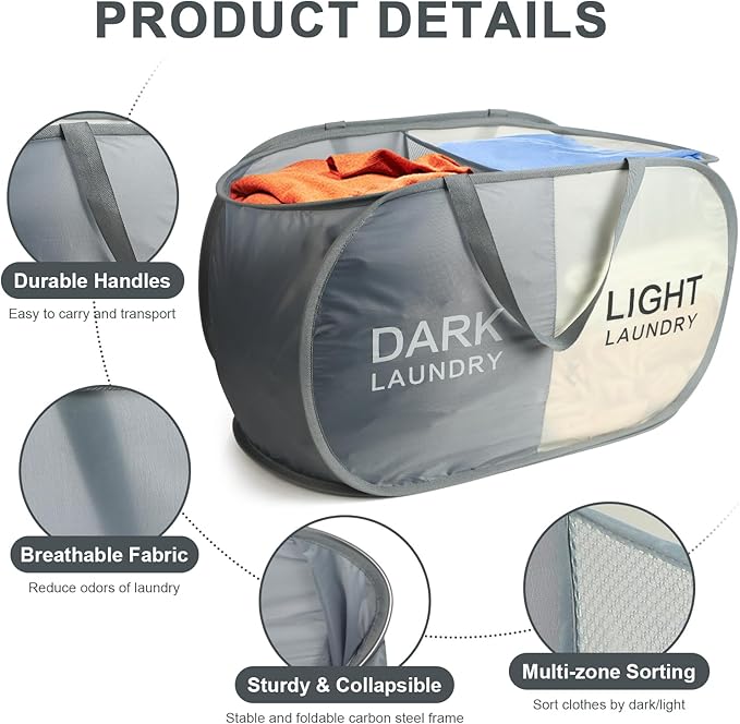 Seefoo 2-Section Collapsible Laundry Baskets, Dual Compartment Foldable Pop Up Hamper with Handles, Dark/Light Labels for Sorting, Compact & Lightweight for Laundry Room, Bedroom, Dorm, Bathroom