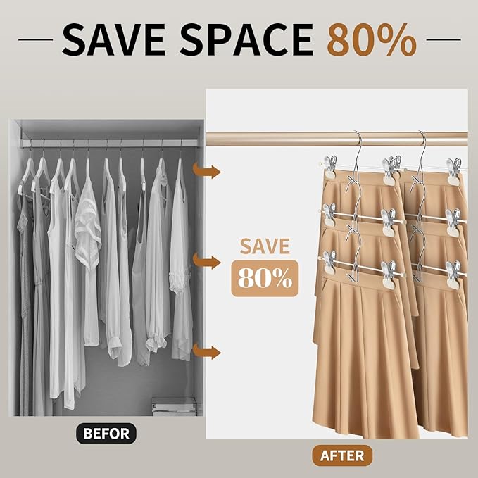 HUADYMEET 14Inch Pants Skirt Hangers Space Saving with Adjustable Wide Clips,Heavy Duty Stackable Non-Slip Metal Clothes Hanger for Men, Women, Jeans, Trousers, Shorts, Slacks,20 Pack（Beige）