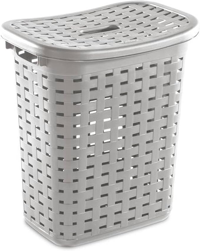 Sterilite Plastic Wicker Style Weave Laundry Hamper, Portable Slim Clothes Storage Basket Bin with Lid and Handles, Cement Gray, 12-Pack
