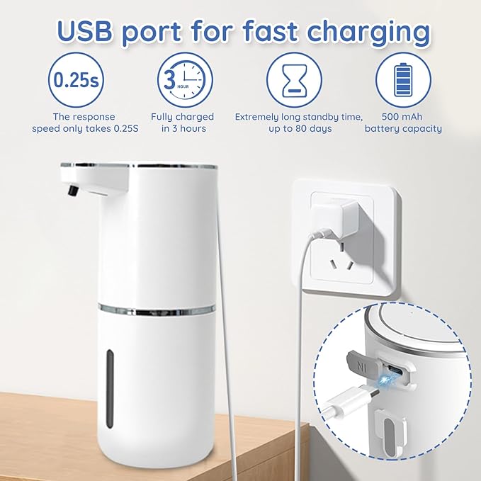 Liquid Soap Dispenser, Automatic Soap Dispenser, 13.5oz/400ml Automatic Soap Dispenser Touchless, USB Rechargeable 4 Level Adjustable Electric Hand Soap Dispenser, for Bathroom, Kitchen,Hotel(White)