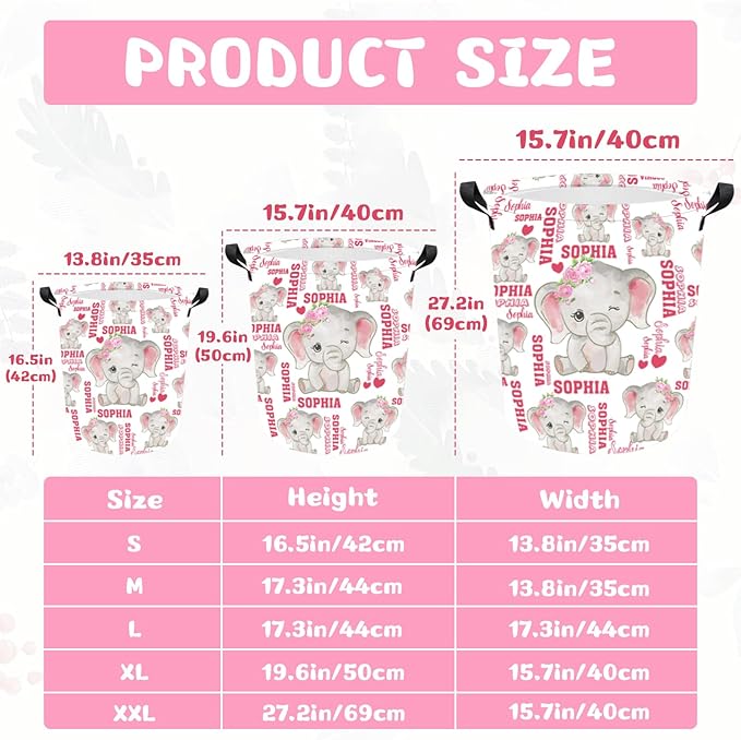 Personalized Laundry Hamper Custom Kids Dirty Clothes Hamper with Name Storage Basket for Bathroom Bedrooms Nursery for Baby Girls Boys Adults (Style-Pink Elephant)