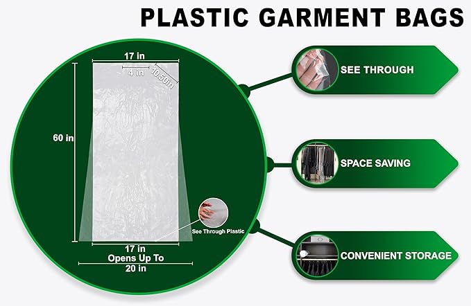 PARTY BARGAINS 60 x 20 Inch Disposable Clear Garment Bags, 50 Pack – Heavy-Duty Plastic Clothes Covers for Suits Dresses Coats, Closet & Travel