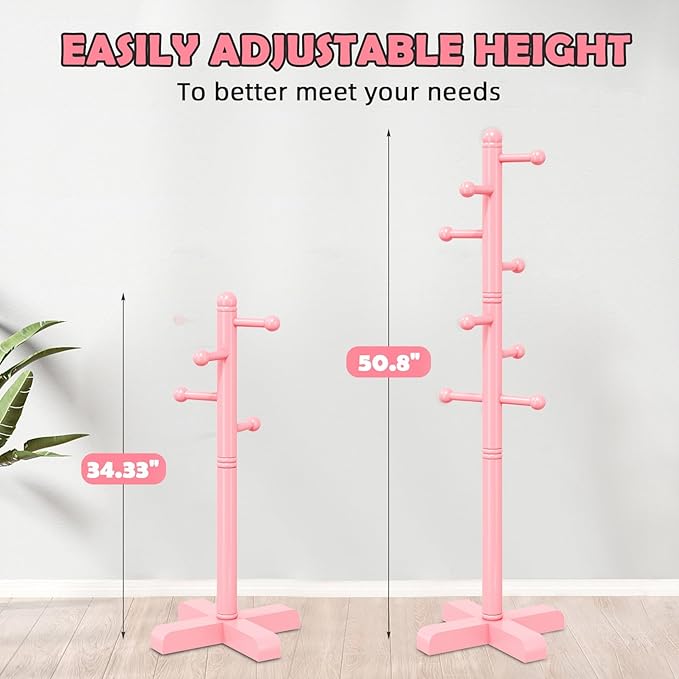 Coat Rack, Freestanding Coat Racks with 8 Hooks 2 Adjustable Height, Tree Coat Rack for Bedroom, Hallway, Entrance, Office, Hats, Handbags,Purse (Pink)