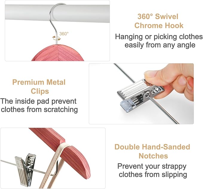 TOPIA HANGER American Red Cedar Wooden Hangers with Adjustable Metal Clips and 360° Swivel Hook, Premium Wood Clothes Hangers 20 Pack for Suit, Pant, Skirt, Jeans, Coat, Jacket-CT28C20