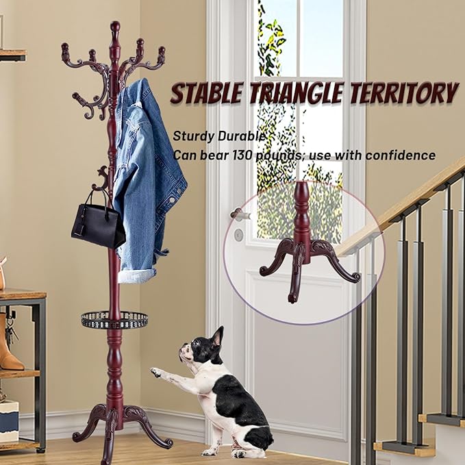 73 in Wood Coat Rack, Coat Rack Freestanding with Stable Round Base, Adjustable Height Tree Coat Racks Stand for Home Bedroom Office Hallway Entryway (Rosewood Tray)