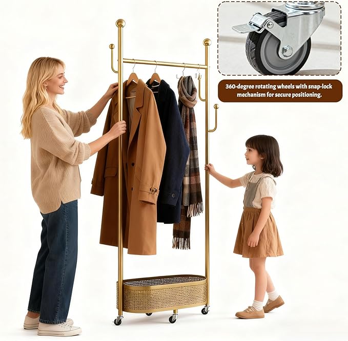 Coat Rack Freestanding Clothing Rack with Wheels & 1 Storage & 4 Hooks Heavy Duty Clothes Rack for Corner Bedroom Entryway Living Room Hotel (Black)